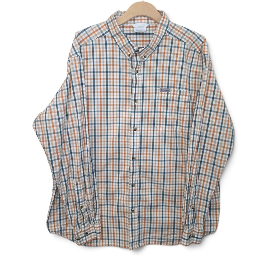 Columbia Mens XXL Button Up Shirt Long Sleeve Plaid Casual Hiking Orange Brown